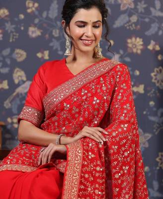 Red embroidered pure georgette heavy work saree 5