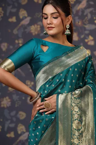 Teal ethnic motifs woven design banarasi saree
