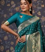 Teal ethnic motifs woven design banarasi saree