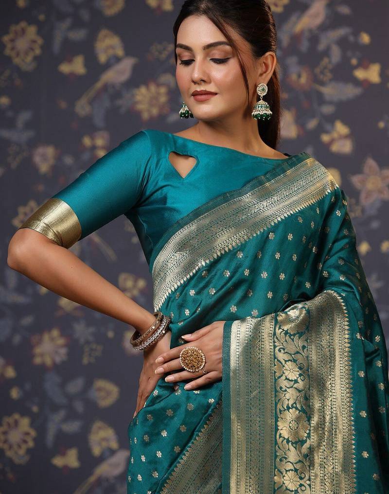 Teal ethnic motifs woven design banarasi saree