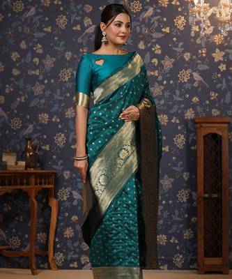 Teal ethnic motifs woven design banarasi saree 2