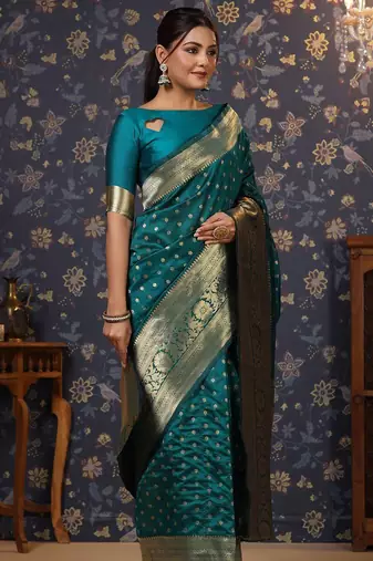 Teal ethnic motifs woven design banarasi saree