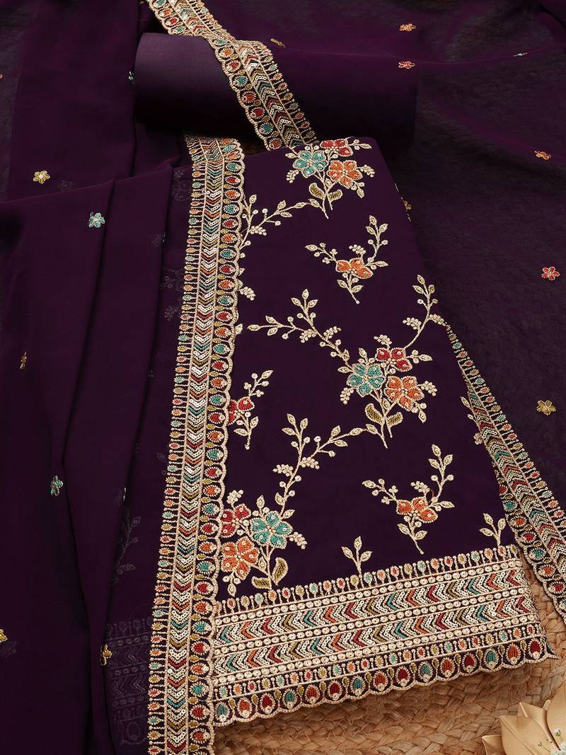 floral embroidered sequinned georgette unstitched dress material