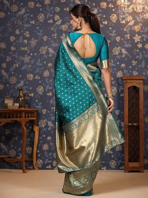 Teal ethnic motifs woven design banarasi saree 3