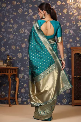 Teal ethnic motifs woven design banarasi saree