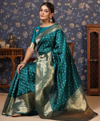 Teal ethnic motifs woven design banarasi saree 4