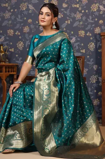 Teal ethnic motifs woven design banarasi saree