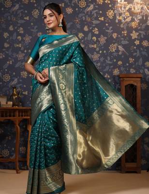 Teal ethnic motifs woven design banarasi saree 5