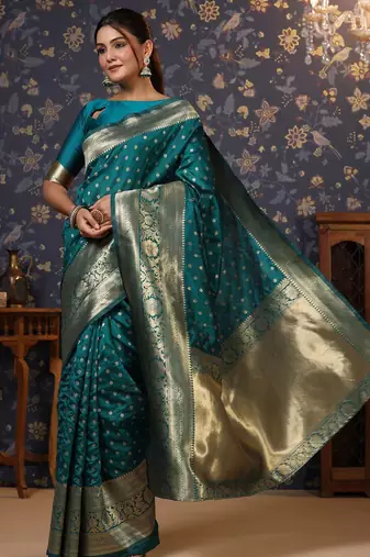 Teal ethnic motifs woven design banarasi saree