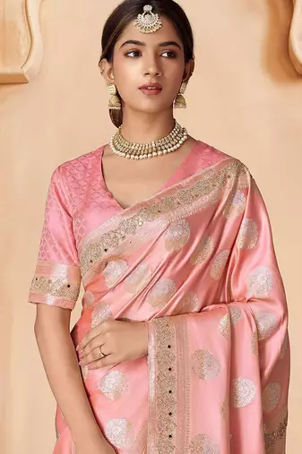 Pink embroidered woven design saree