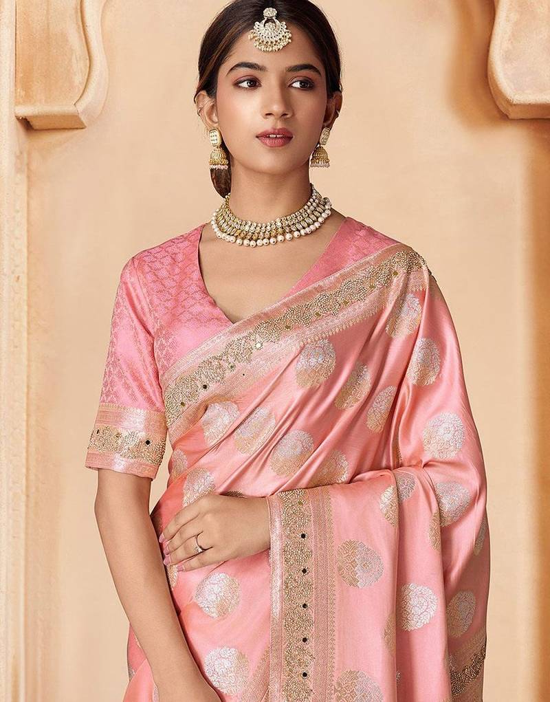 Pink embroidered woven design saree