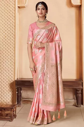 Pink embroidered woven design saree