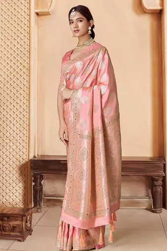 Pink embroidered woven design saree