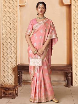 Pink embroidered woven design saree 5