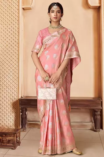 Pink embroidered woven design saree