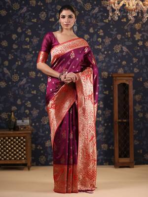 Burgundy woven design heavy work baluchari saree 1