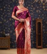 Burgundy woven design heavy work baluchari saree