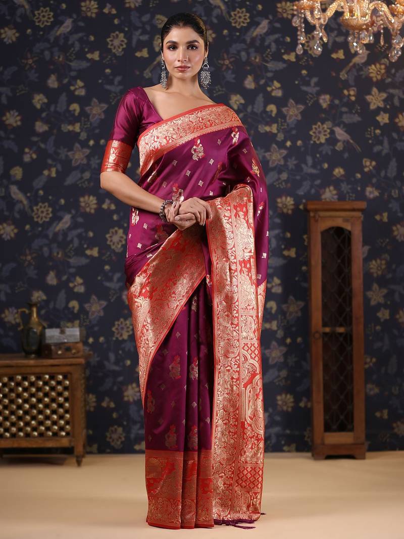 Burgundy woven design heavy work baluchari saree