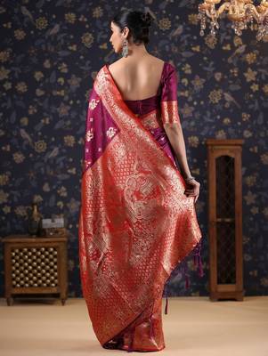Burgundy woven design heavy work baluchari saree 2