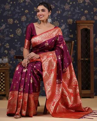 Burgundy woven design heavy work baluchari saree 3