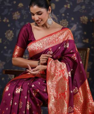 Burgundy woven design heavy work baluchari saree 4
