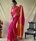 Pink woven embellished art silk bandhani saree withblousepiece