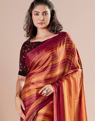 Rust striped poly georgette solid party wear saree 1