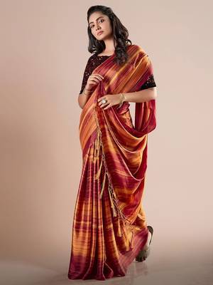 Rust striped poly georgette solid party wear saree 3