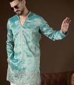 Men’s turquoise blue silk blend solid embroidered kurta with trouser set | trendy designer ethnic wear for wedding