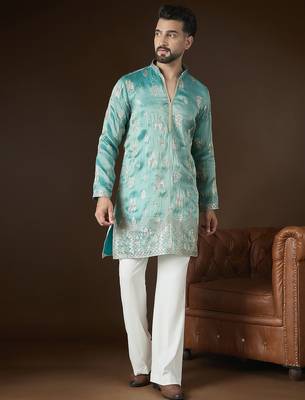 Men’s turquoise blue silk blend solid embroidered kurta with trouser set | trendy designer ethnic wear for wedding 2