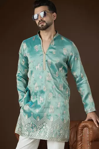 Men’s turquoise blue silk blend solid embroidered kurta with trouser set | trendy designer ethnic wear for wedding