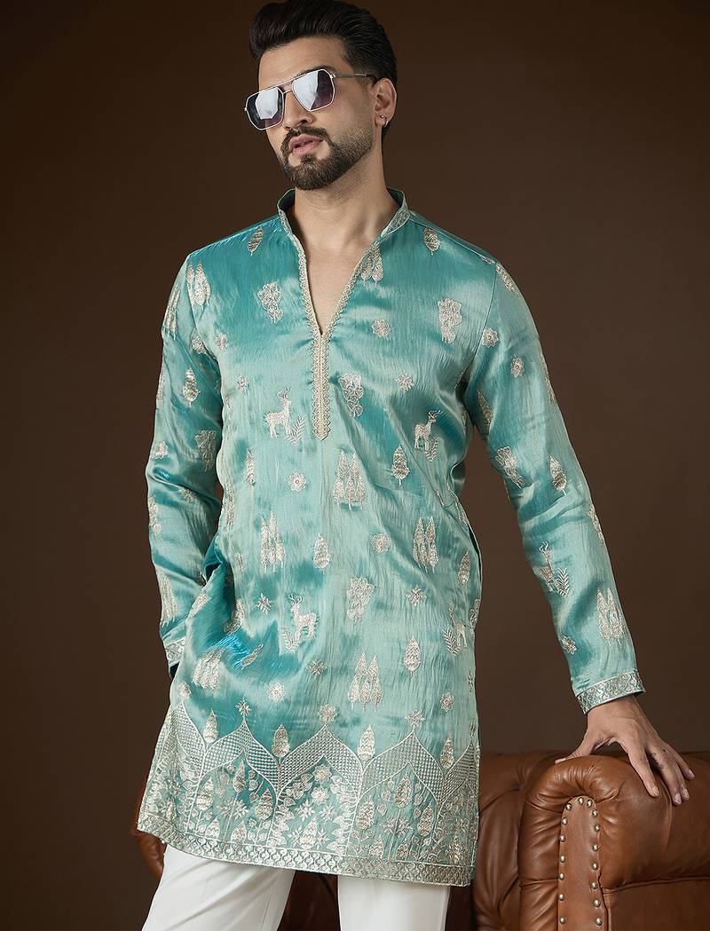 Men’s turquoise blue silk blend solid embroidered kurta with trouser set | trendy designer ethnic wear for wedding
