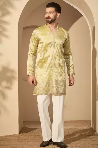 Men’s lime green silk blend solid embroidered kurta with trouser set | trendy designer ethnic wear for wedding