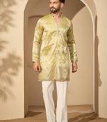Men’s lime green silk blend solid embroidered kurta with trouser set | trendy designer ethnic wear for wedding