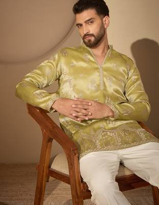 Men’s lime green silk blend solid embroidered kurta with trouser set | trendy designer ethnic wear for wedding 2