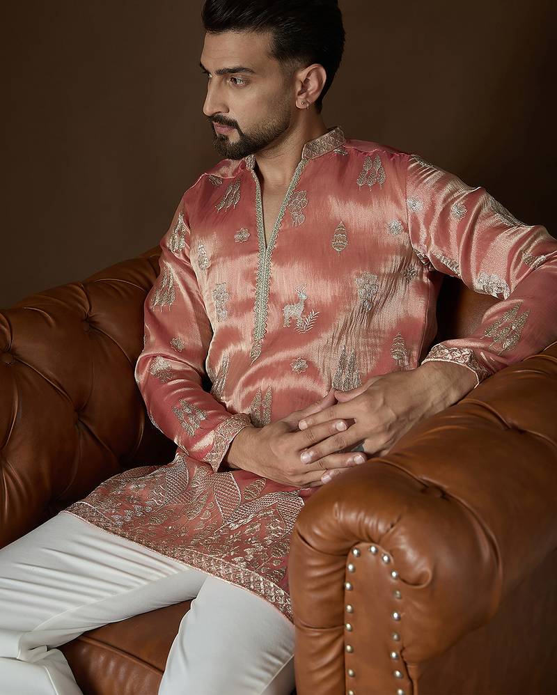 Men’s peach silk blend solid embroidered kurta with trouser set | trendy designer ethnic wear for wedding, festive