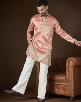 Men’s peach silk blend solid embroidered kurta with trouser set | trendy designer ethnic wear for wedding, festive 1