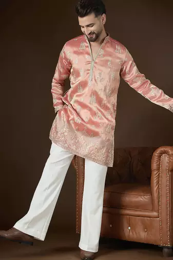 Men’s peach silk blend solid embroidered kurta with trouser set | trendy designer ethnic wear for wedding, festive