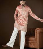 Men’s peach silk blend solid embroidered kurta with trouser set | trendy designer ethnic wear for wedding, festive