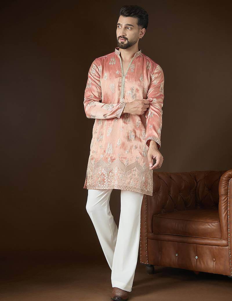 Men’s peach silk blend solid embroidered kurta with trouser set | trendy designer ethnic wear for wedding, festive