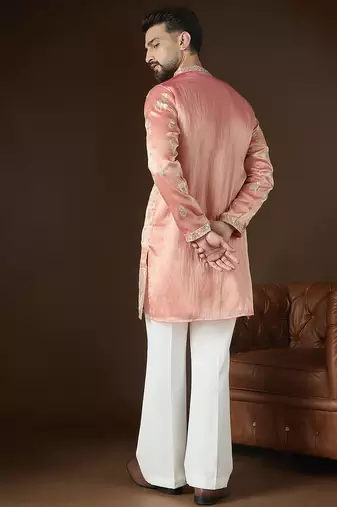 Men’s peach silk blend solid embroidered kurta with trouser set | trendy designer ethnic wear for wedding, festive