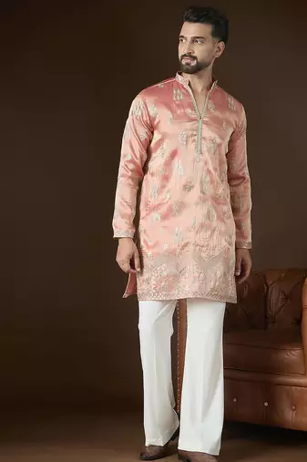 Men’s peach silk blend solid embroidered kurta with trouser set | trendy designer ethnic wear for wedding, festive