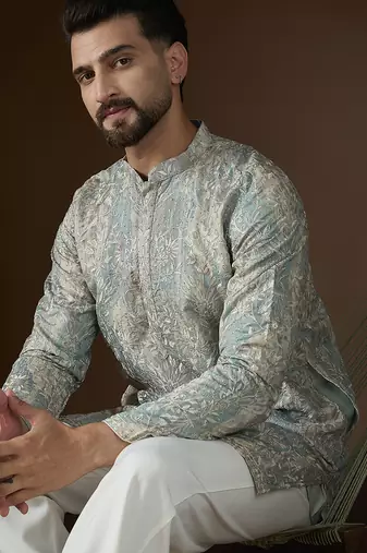 Men’s beige silk blend abstract embroidered kurta with trouser set | trendy designer ethnic wear for wedding, festive