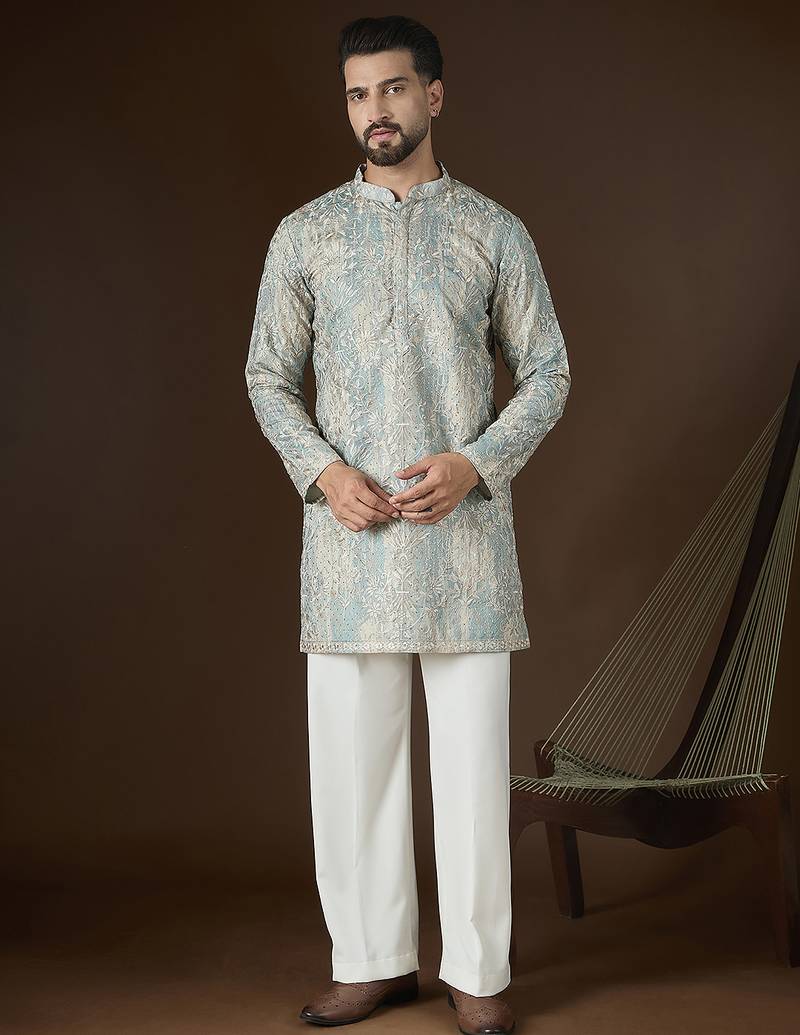 Men’s beige silk blend abstract embroidered kurta with trouser set | trendy designer ethnic wear for wedding, festive