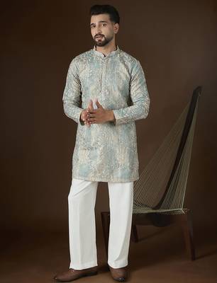 Men’s beige silk blend abstract embroidered kurta with trouser set | trendy designer ethnic wear for wedding, festive 1