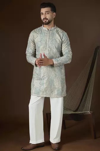 Men’s beige silk blend abstract embroidered kurta with trouser set | trendy designer ethnic wear for wedding, festive