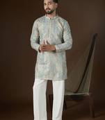 Men’s beige silk blend abstract embroidered kurta with trouser set | trendy designer ethnic wear for wedding, festive