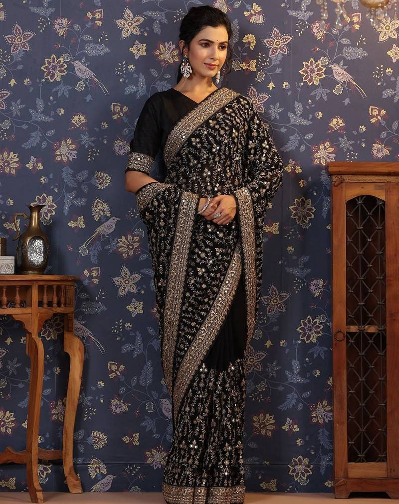 Black embroidered saree with blouse piece