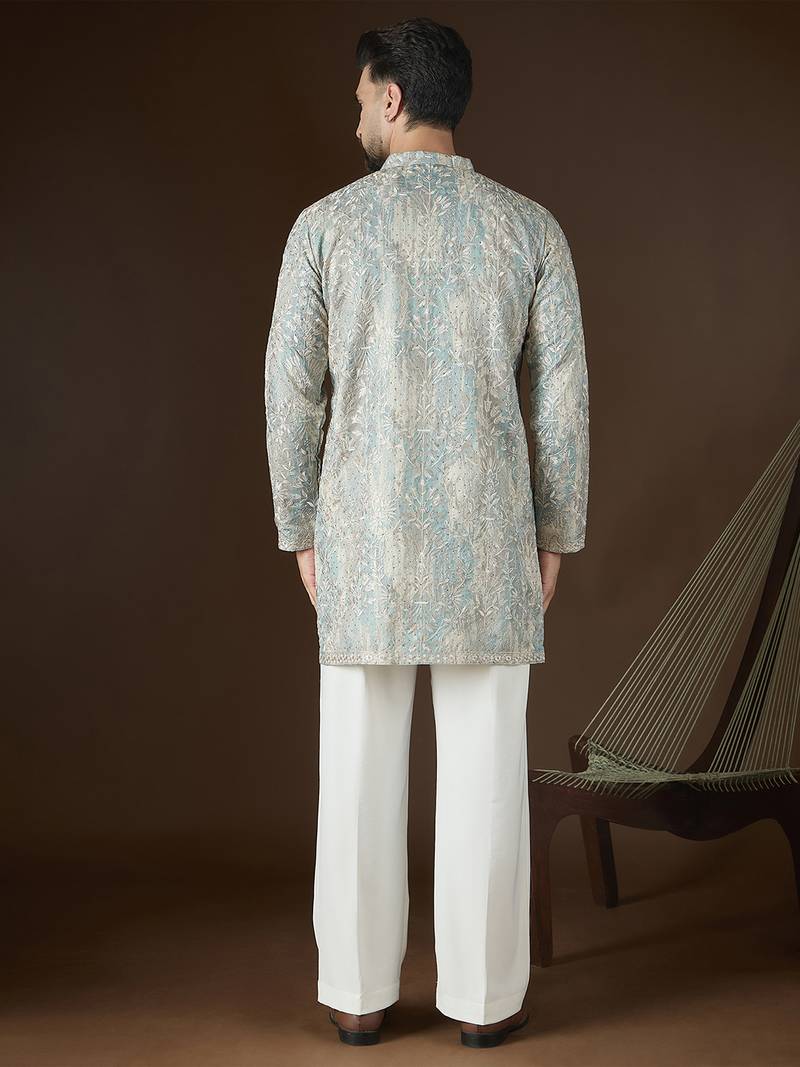 Men’s beige silk blend abstract embroidered kurta with trouser set | trendy designer ethnic wear for wedding, festive