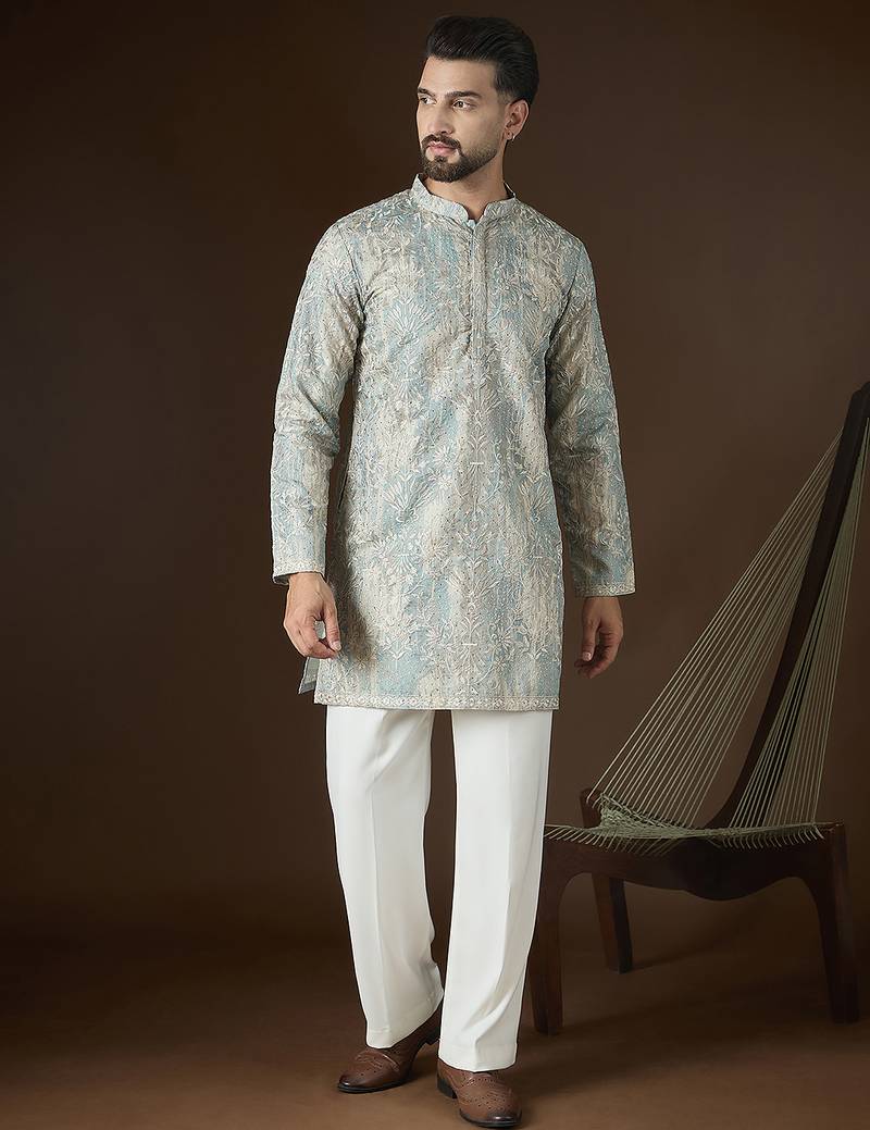 Men’s beige silk blend abstract embroidered kurta with trouser set | trendy designer ethnic wear for wedding, festive